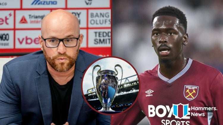 Split image showing Monaco CEO Thiago Scuro, West Ham United midfielder Soungoutou Magassa, and the Champions League trophy