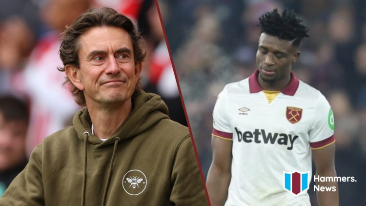 Split image showing Tottenham Hotspur coach Thomas Frank and Mohammed Kudus playing for West Ham United