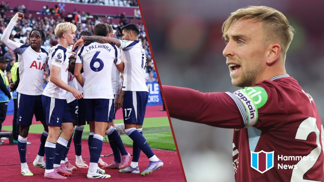 Split image showing the Tottenham Hotspur players celebrate at the London Stadium and West Ham United captain Jarrod Bowen
