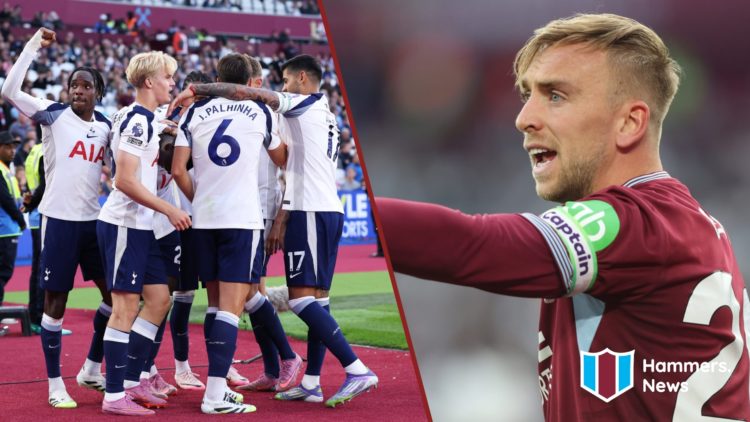 Split image showing the Tottenham Hotspur players celebrate at the London Stadium and West Ham United captain Jarrod Bowen