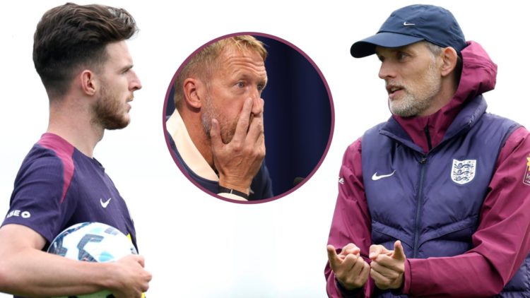 England manager Thomas Tuchel speaks with former Hammer Declan Rice. Inset, West Ham boss Graham Potter