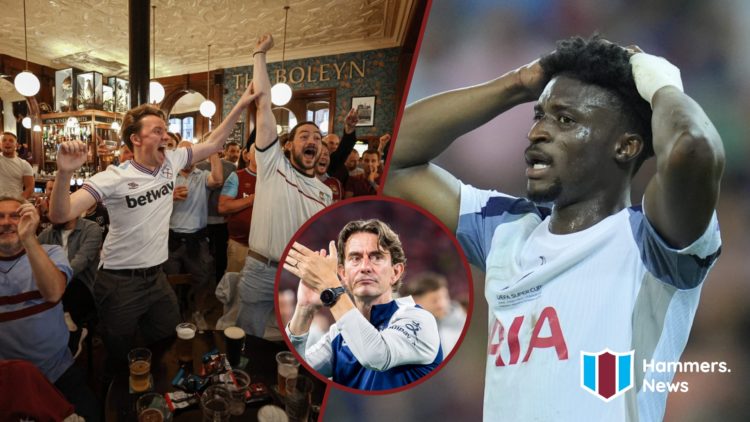 Split image showing the West Ham United fans celebrating, Tottenham Hotspur coach Thomas Frank and Spurs forward Mohammed Kudus