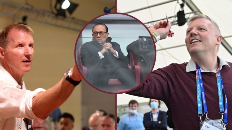Journalists Henry Winter and John Cross take aim at a dartboard. Inset, West Ham majority owner David Sullivan