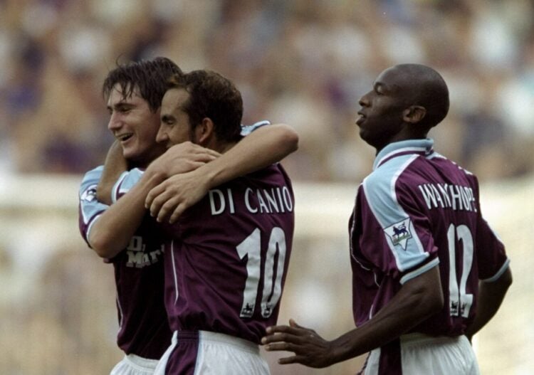 11 Sep 1999:  Paolo Di Canio of West Ham United celebrates his goal with team mates Frank Lampard and Paolo Wanchope during the FA Carling Premiers...