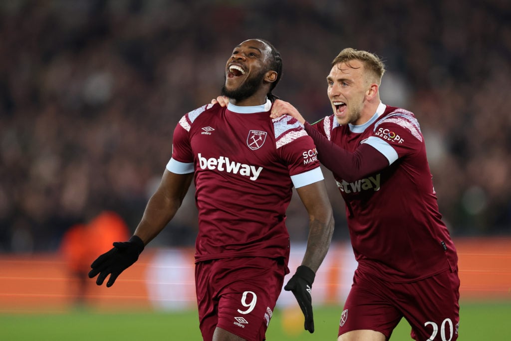 Michail Antonio and Jarrod Bowen celebrate during West Ham United v KAA Gent: Quarterfinal Second Leg - UEFA Europa Conference League