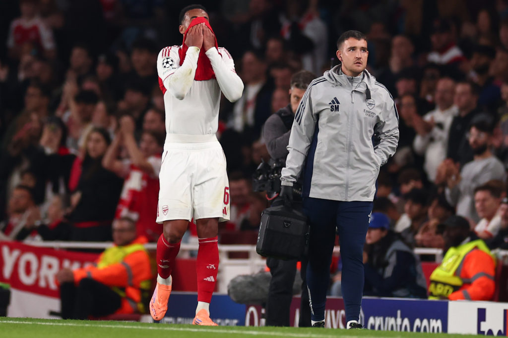 Gabriel Magalhães looks devastated as he trudges off injured during
Arsenal's Champions League win over Olympiacos