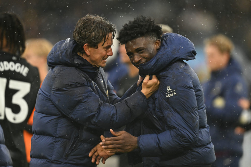 Thomas Frank celebrates with Mohammed Kudus after he scored his first goal for Spurs