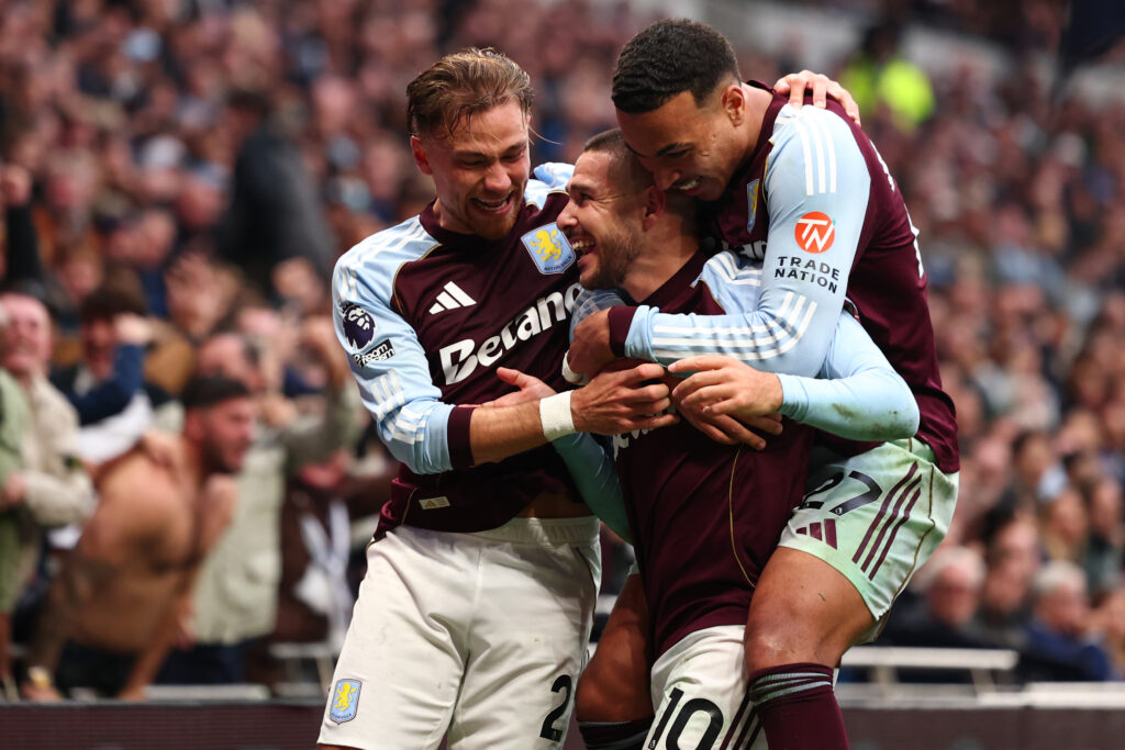 Matty Cash, Emi Buendia and Morgan Rogers celebrate during Tottenham Hotspur v Aston Villa - Premier League