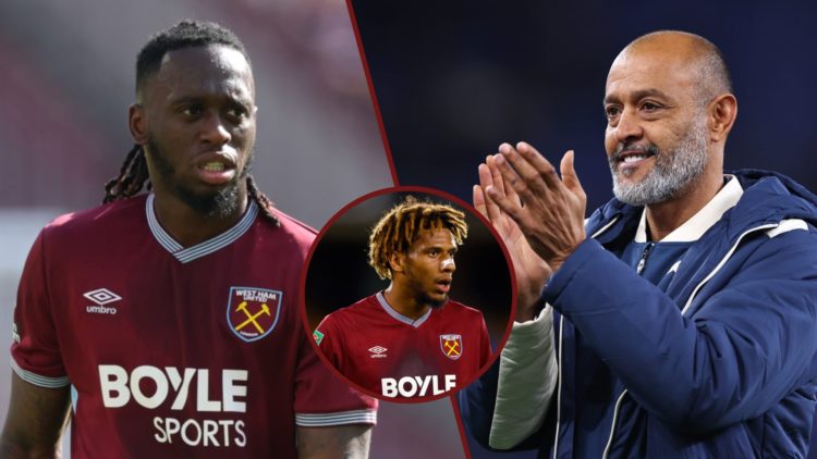 Split image showing West Ham United defenders Aaron Wan-Bissaka and Jean-Clair Todibo, plus Hammers head coach Nuno Espirito Santo