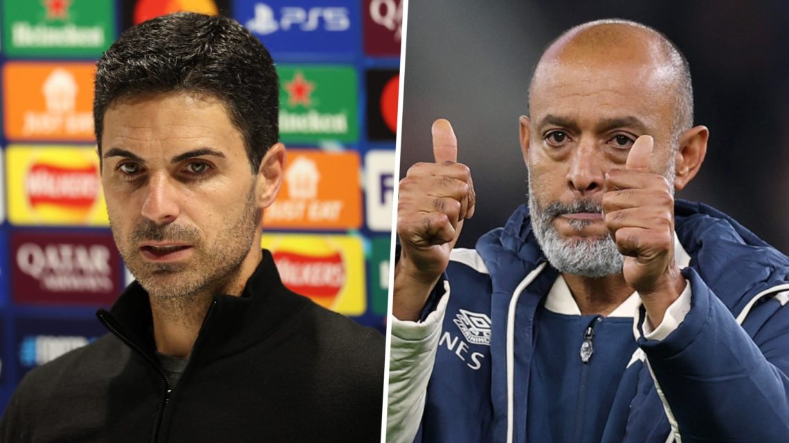 Arsenal boss Mikel Arteta speaks to the press and West Ham head coach Nuno Espirito Santo gives the thumbs up