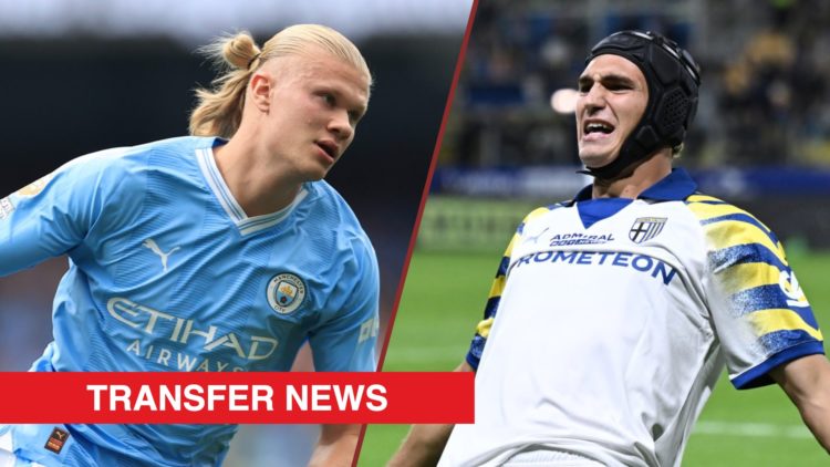 Split image showing Manchester City striker Erling Haaland and Mateo Pellegrino scoring a Serie A goal for Parma