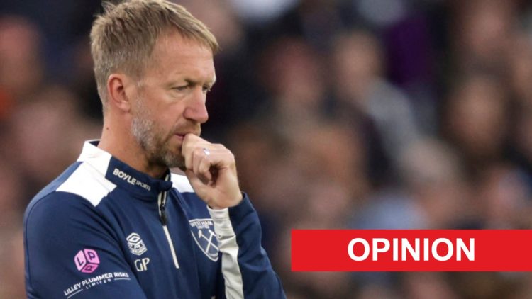 Graham Potter stands dejected on the touchline during his dismal tenure as West Ham head coach
