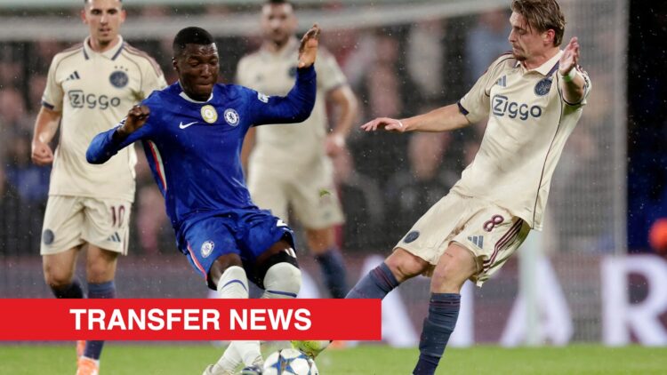 Image showing Kenneth Taylor of Ajax fouling Chelsea's Moises Caicedo in the Champions League