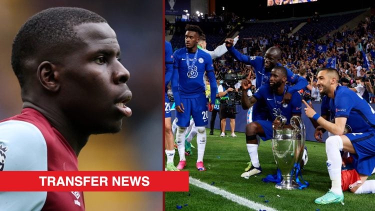 Split image showing former West Ham United captain Kurt Zouma and Hakim Ziyech winning the Champions League with Chelsea