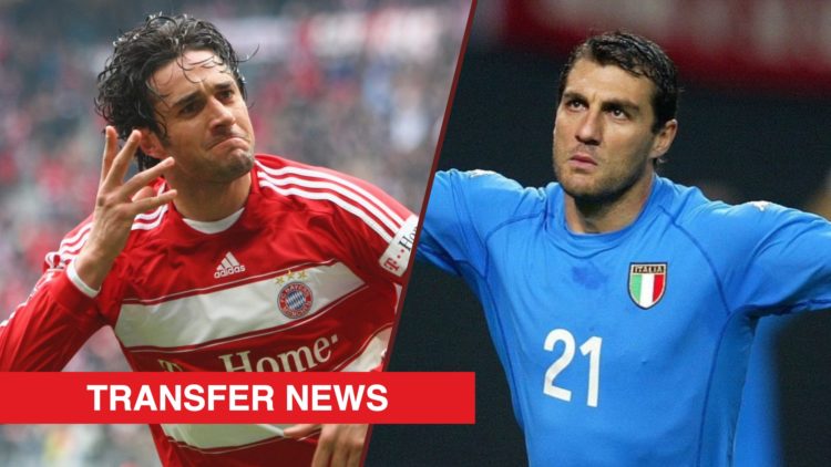 Split image showing Luca Toni scoring for Bayern Munich and Christian Vieri scoring for Italy