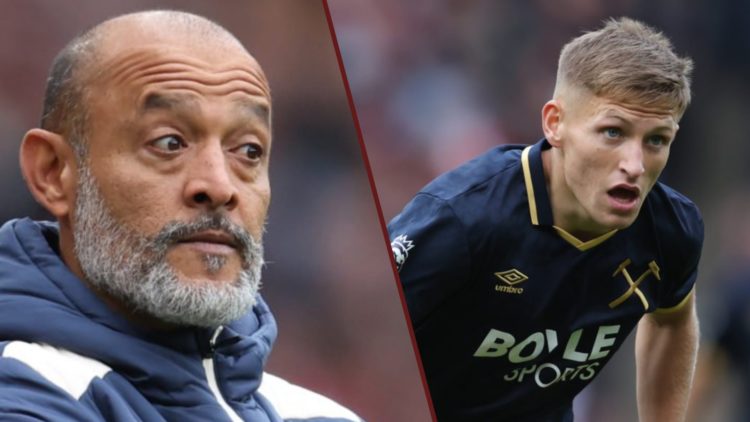 Split image showing West Ham United coach Nuno Espirito Santo and Callum Marshall playing against Arsenal