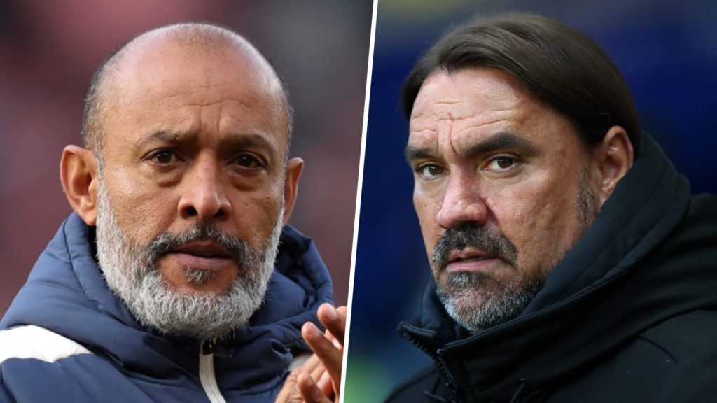 West Ham United head coach Nuno Espirito Santo applauds and Leeds United boss Daniel Farke looks focused