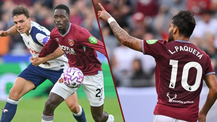 Split image showing West Ham United midfielders Soungoutou Magassa and Lucas Paqueta