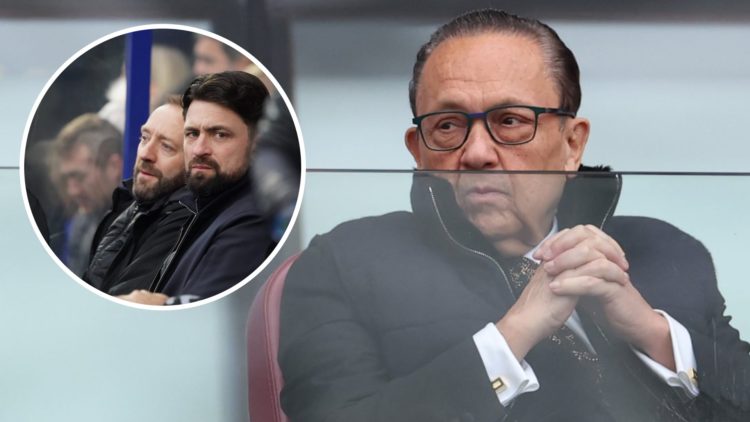 West Ham majority owner David Sullivan watches on from his director's box. Inset, sacked Rangers boss Russell Martin