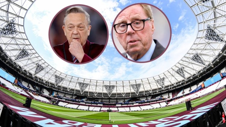 A general view inside West Ham's London Stadium. Inset, Hammers chief David Sullivan and former West Ham boss Harry Redknapp