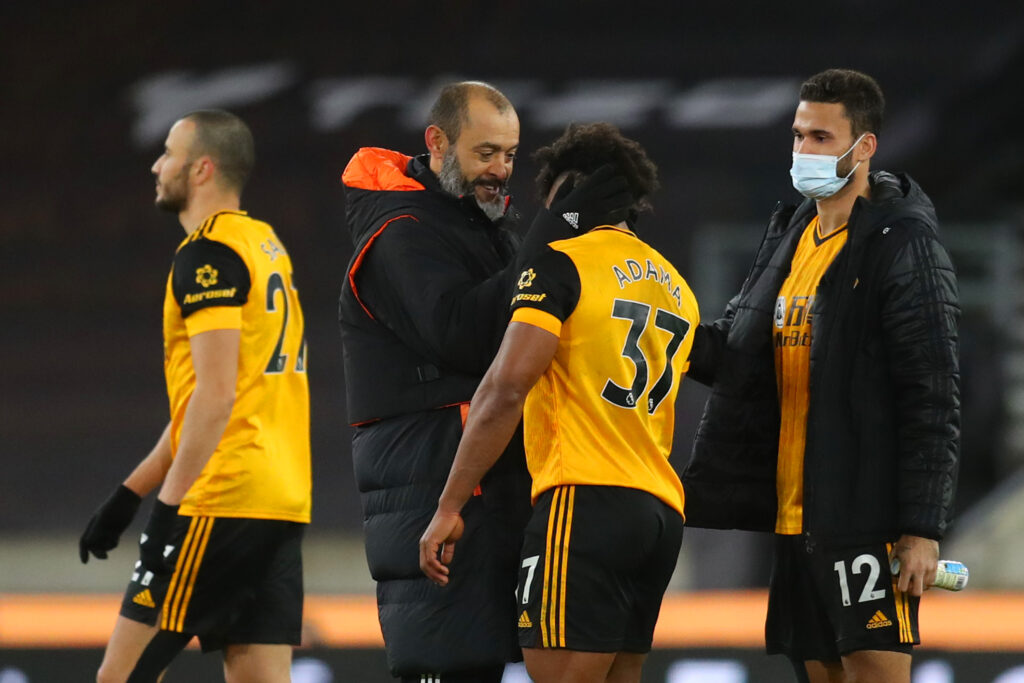 Nuno Espirito Santo talks to Adama Traore after Wolverhampton Wanderers v Leeds United - Premier League