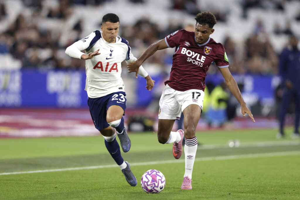 Luis Guilherme against Pedro Porro during West Ham United vs Tottenham Hotspur