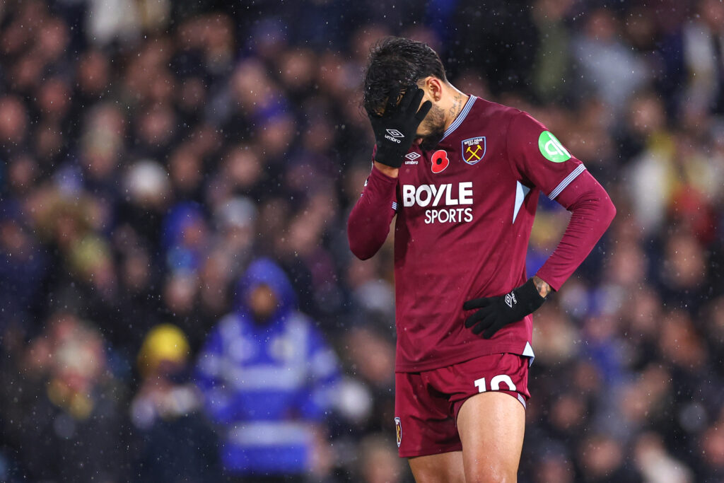 Lucas Paqueta reacts during Leeds United v West Ham United - Premier League
