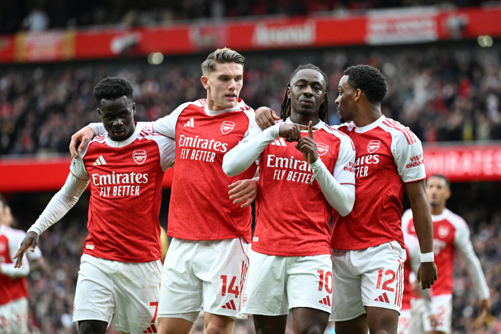 Jurrien Timber and co celebrate during Arsenal v Crystal Palace - Premier League