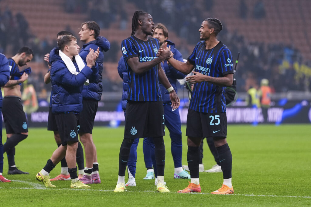 Yann Bisseck celebrating after FC Internazionale v ACF Fiorentina - Serie A