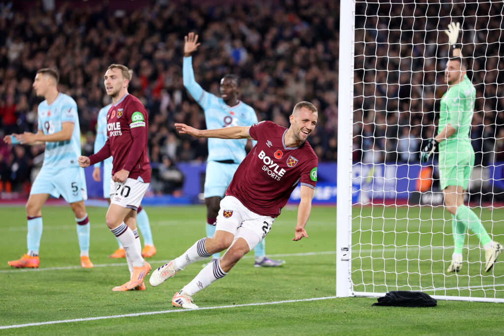 Tomas Soucek puts West Ham in front in their Premier League win over Burnley at the London Stadium