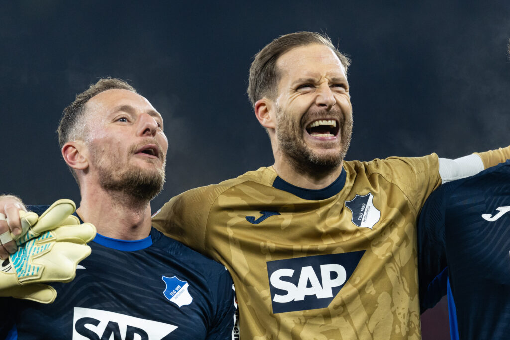 Vladimir Coufal and Oliver Baumann celebrate after TSG Hoffenheim v RB Leipzig - Bundesliga