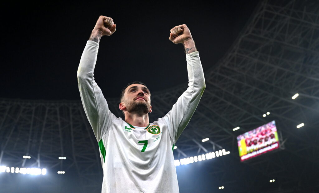 Troy Parrott celebrates after Hungary v Republic of Ireland - FIFA World Cup 2026 Qualifier