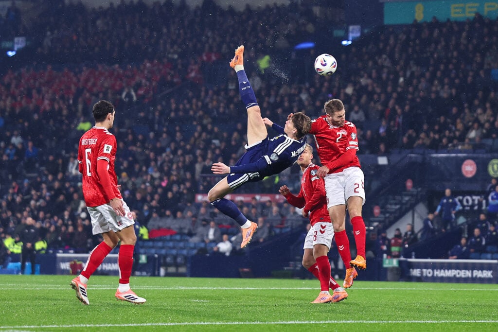 Scott McTominay scores a stunning overhead kick in Scotland's win over Denmark