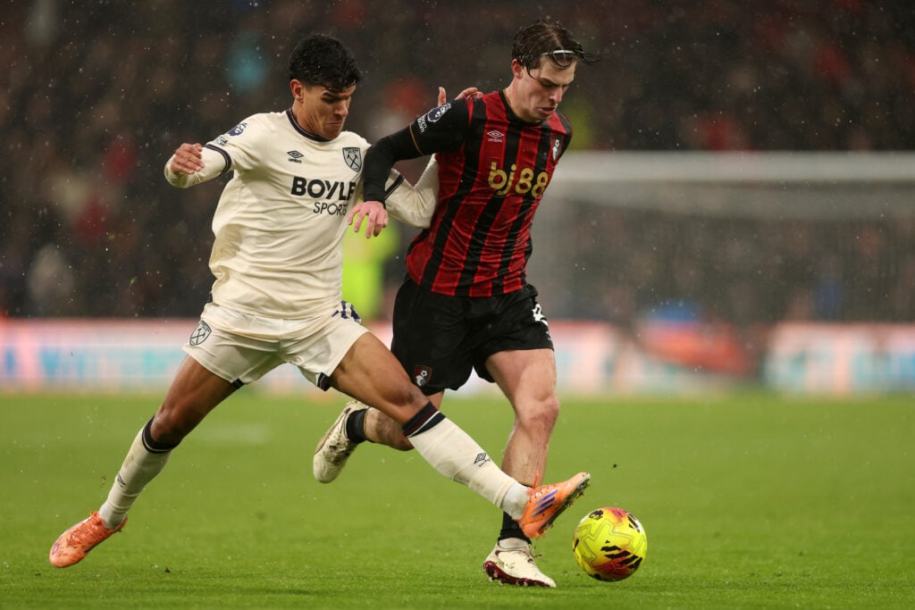 Mateus Fernandes and Alex Scott battle during Bournemouth v West Ham United - Premier League