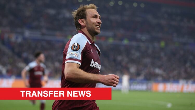 Image showing Craig Dawson scoring for West Ham United against Lyon in the UEFA Europa League