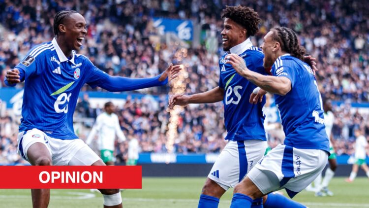 Image showing Emanuel Emegha, Diego Moreira and Andrey Santos celebrating at Strasbourg