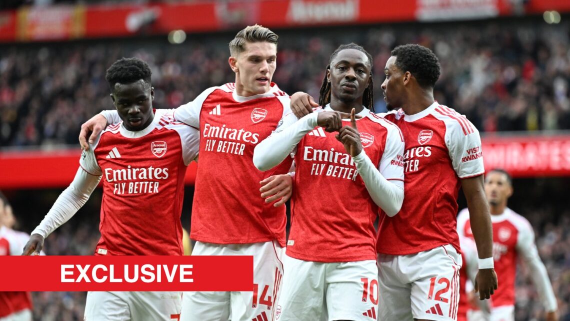 Image showing Jurrien Timber and his Arsenal teammates celebrating against Crystal Palace