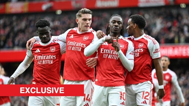 Image showing Jurrien Timber and his Arsenal teammates celebrating against Crystal Palace