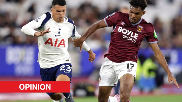 Image showing Luis Guilherme up against Pedro Porro during West Ham United vs Tottenham Hotspur