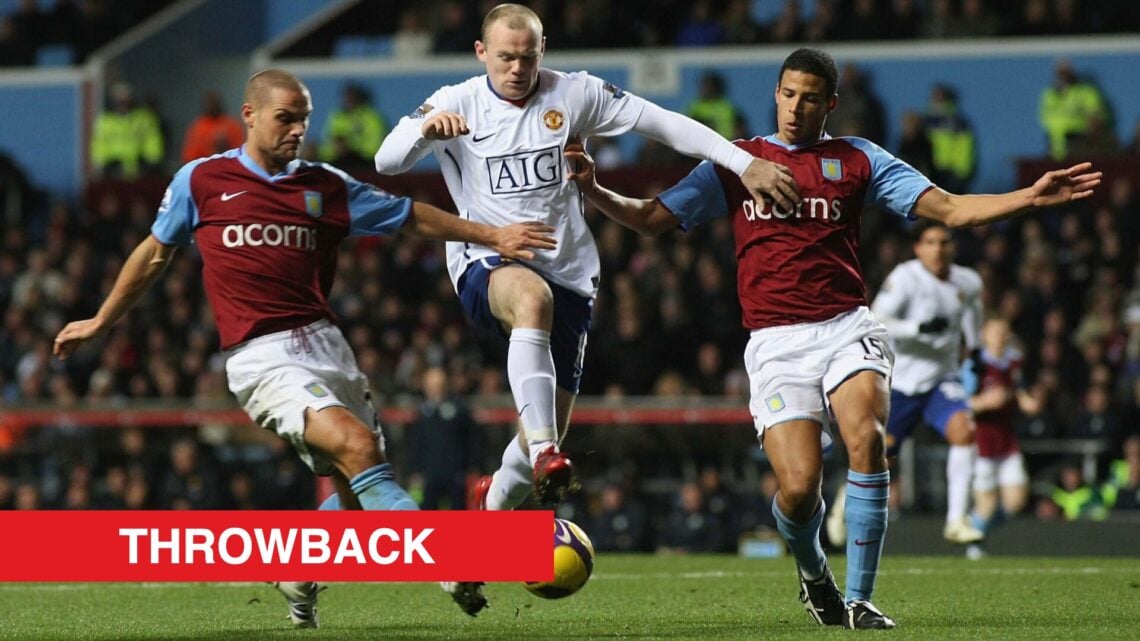 Image showing Luke Young, Wayne Rooney and Curtis Davies battling during a Premier League match between Aston Villa and Manchester United