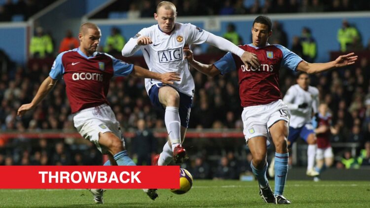 Image showing Luke Young, Wayne Rooney and Curtis Davies battling during a Premier League match between Aston Villa and Manchester United