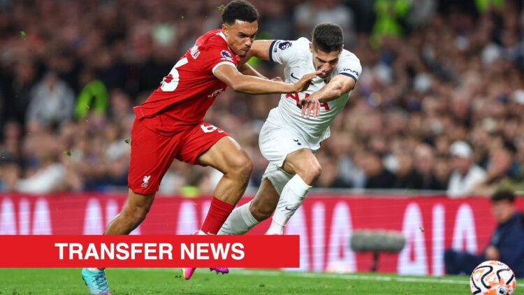 Image showing Manor Solomon and Trent Alexander-Arnold battling during a clash between Tottenham Hotspur and Liverpool