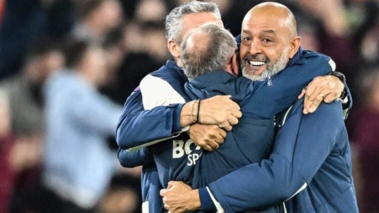 West Ham head coach Nuno Espirito Santo celebrates with his coaching staff on the touchline