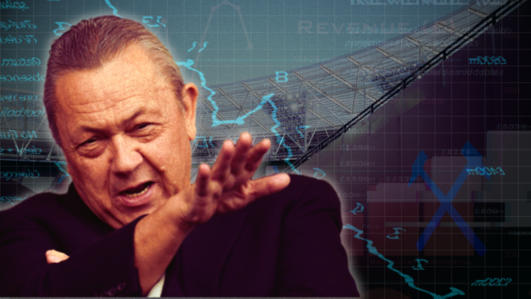 Abstract cover art featuring West Ham owner David Sullivan, the London Stadium and financial imagery