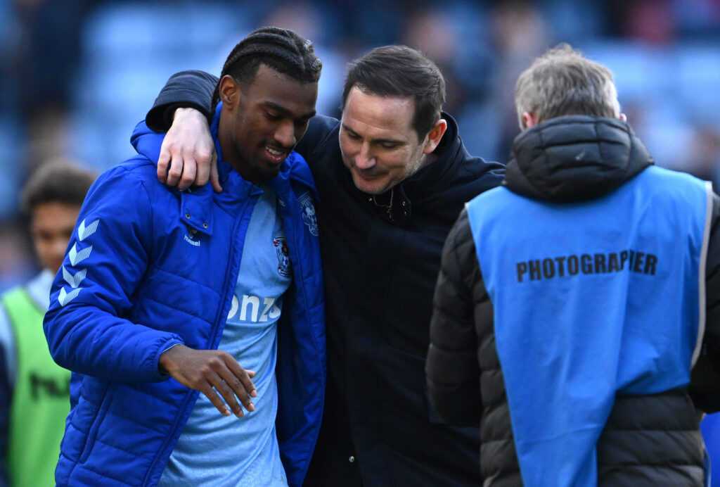Haji Wright of Coventry City is congratulated by head coach Frank Lampard