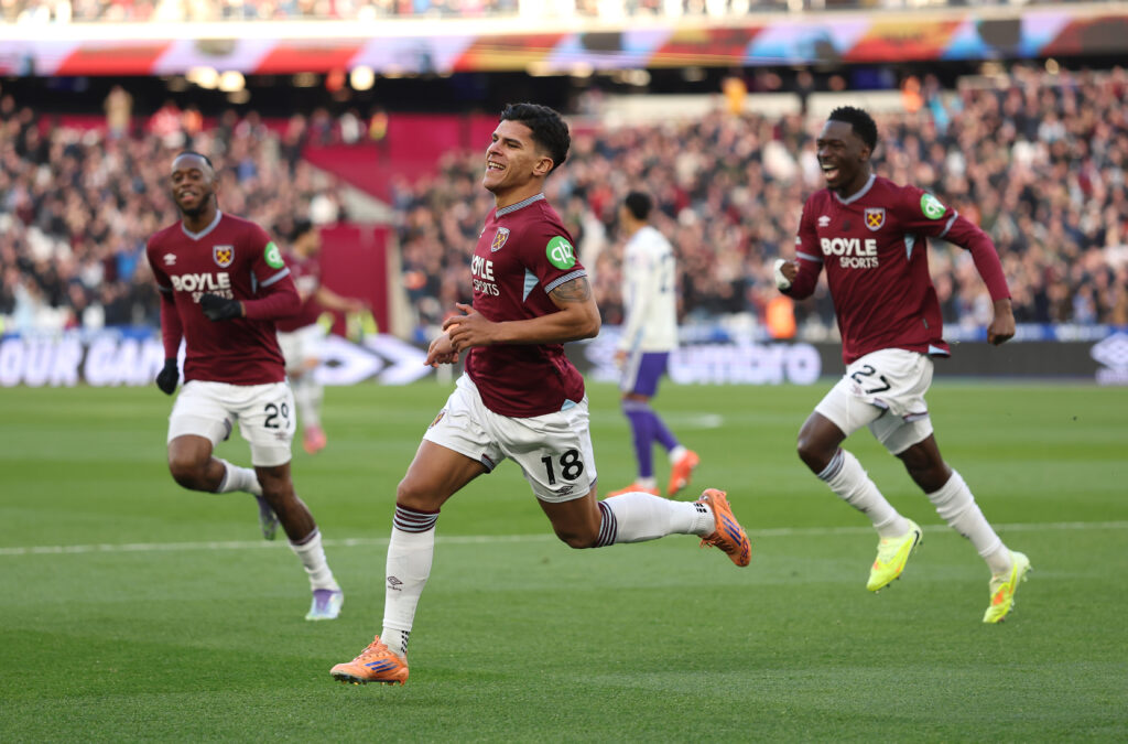 Mateus Fernandes scores during West Ham United v Aston Villa - Premier League