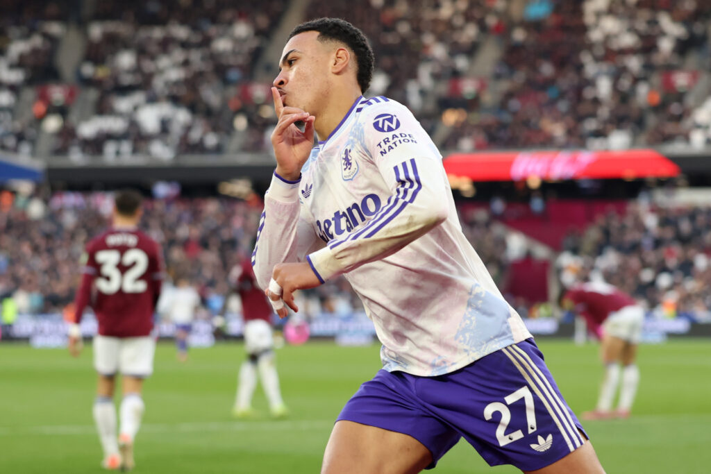 Morgan Rogers scores during West Ham United v Aston Villa - Premier League