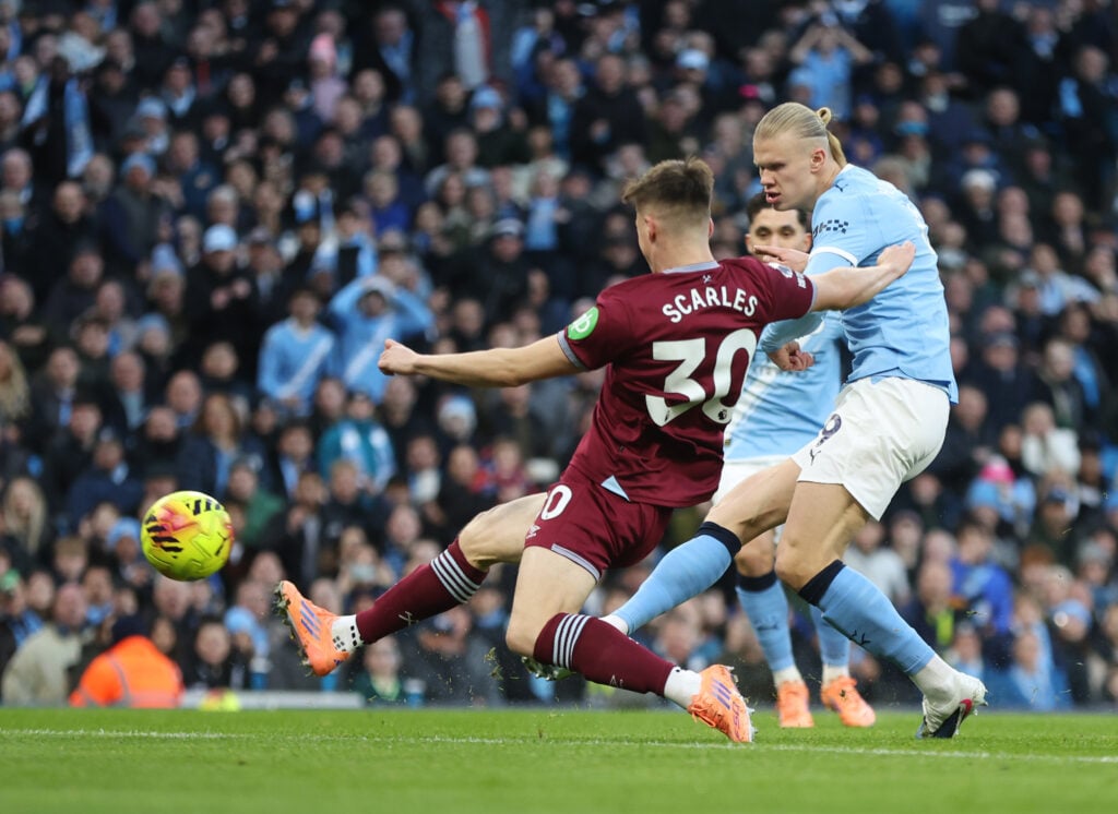 Erling Haaland and Ollie Scarles during Manchester City v West Ham United - Premier League
