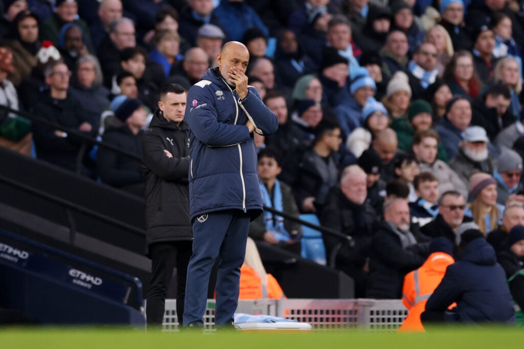 Nuno Espirito Santo looks fed up on the sideline during West Ham's defeat to Man City