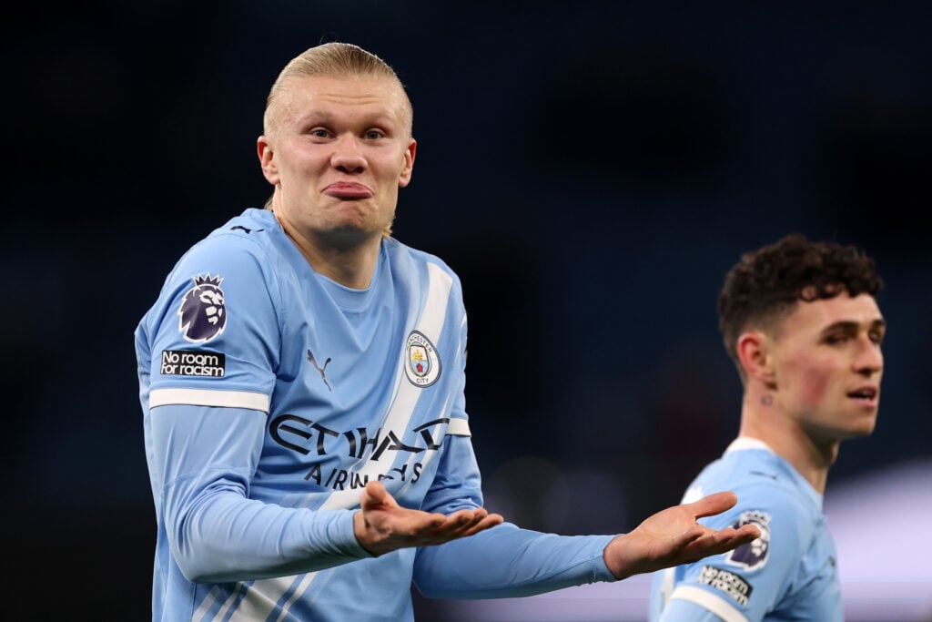 Erling Haaland of Manchester City gestures towards West Ham fans after scoring twice in a 3-0 win